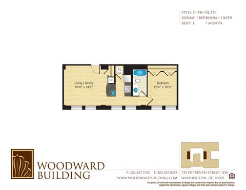 Floor plan for 1 bed, 1 bath, 746 sqft